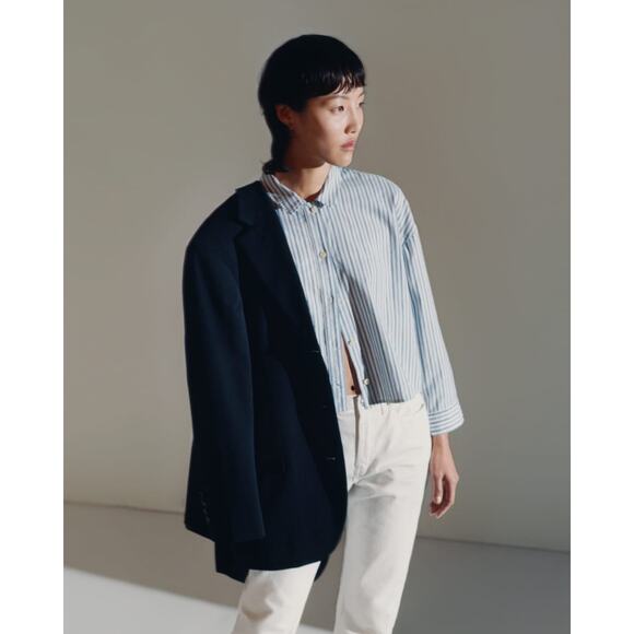 Everlane Blue And White Striped Cotton Collared The Woven PJ Top NWT - Picture 1 of 10